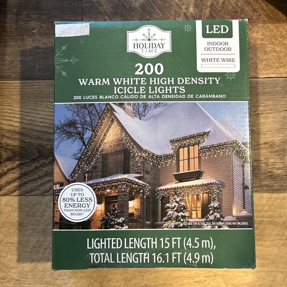 Holiday Time 200 Ct Warm White High Density‎ Icicle Lights White Wire 15 Ft New